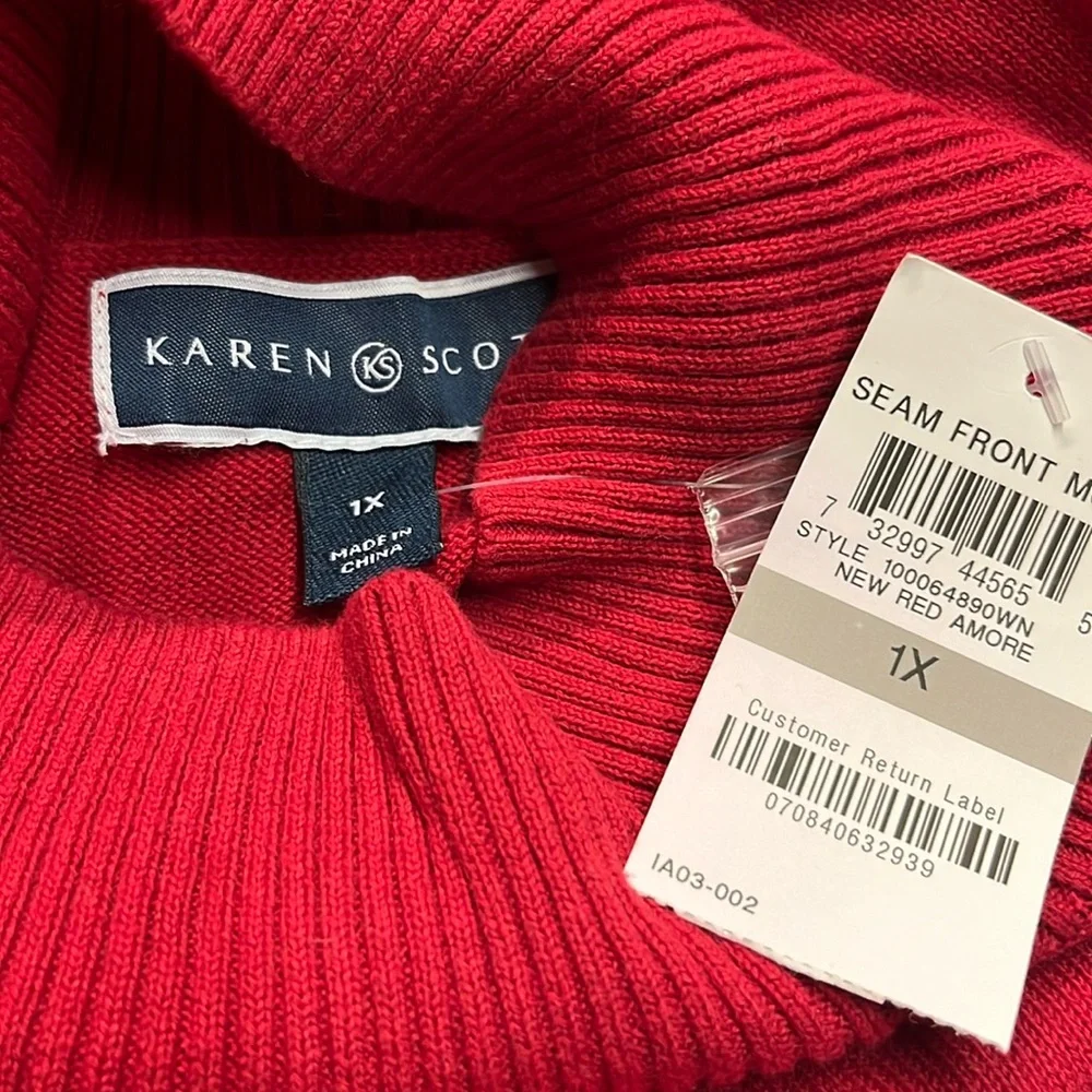 NWT Karen Scott Red Front Seam Mock Neck Cotton Sweater